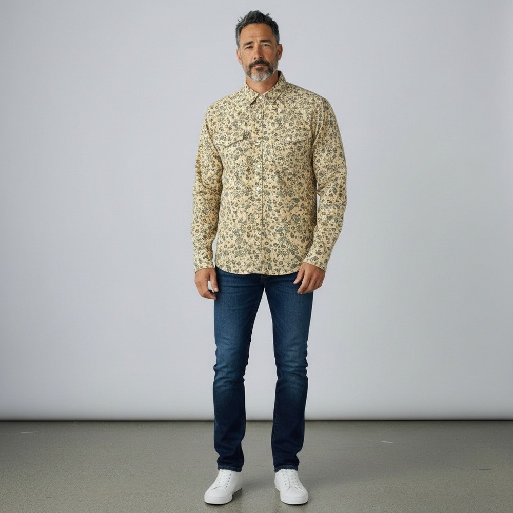 Lucky Brand Western Shirt XL Beige Floral Paisley Corduroy Snap Front Shirt